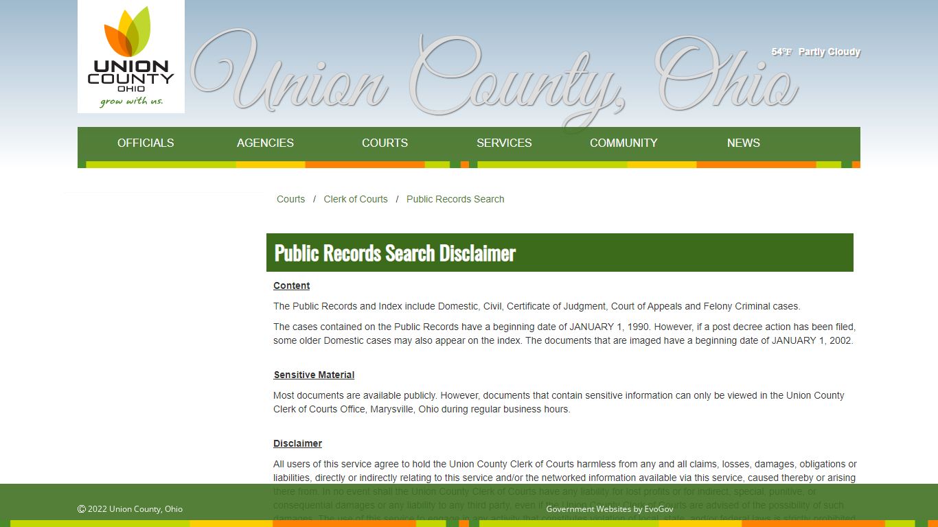 Public Records Search Disclaimer - Union County, Ohio